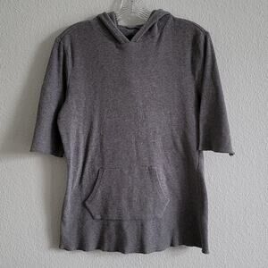 KRISTIN DAVIS Thermal Hoodie Waffle Knit Short Sleeve Pockets Size Medium Gray